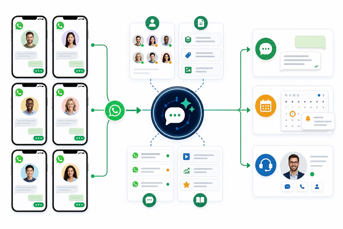 WhatsApp 个人号矩阵接入 SalesAgent,结合客户资料与销售经验进行自动回复、跟进提醒和真人接管